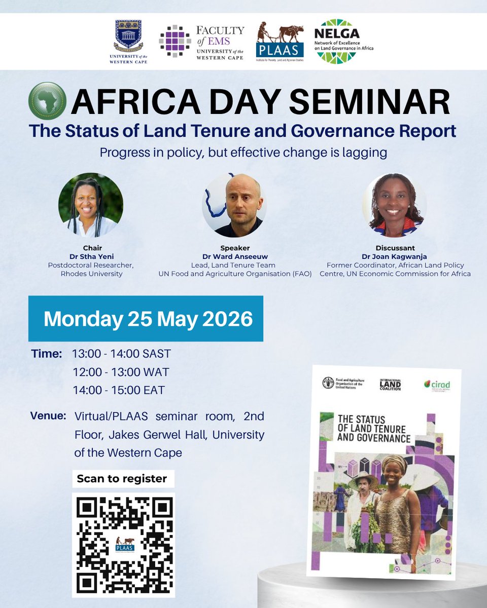 PLAASuwc's tweet photo. Happy Africa Day! 🌍

Join us today at 🕐 13:00–14:00 SAST as we unpack the first-ever global Status of Land Tenure and Governance Report with experts @ward_anseeuw from the @FAO, Dr @sthaYeni  & Dr Joan Kagwanja.

📍 Online via Zoom OR In-person: PLAAS Seminar Room, 2nd Floor, Jakes Gerwel Hall (Main Hall), @UWConline 

Register here: https://t.co/SoFKj5KaKW