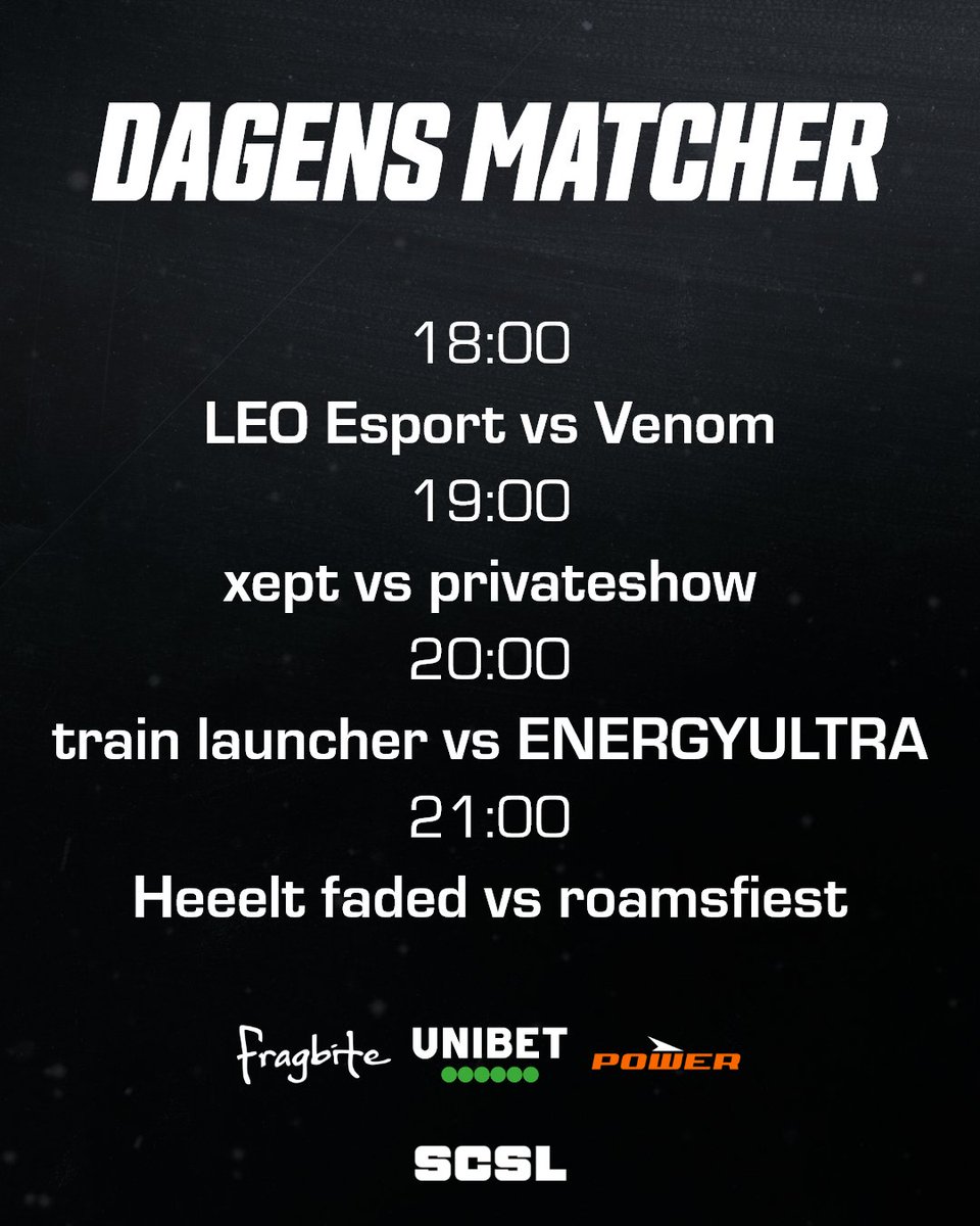 SvenskaCSLigan's tweet photo. Dagens matcher:

@LundEsports vs Venom
@xeptesports vs privateshow
train launcher vs @ENERGYULTRAcs 
Heeelt faded vs roamsfiest

Lycka till! 👏 https://t.co/gRA6sOztuP