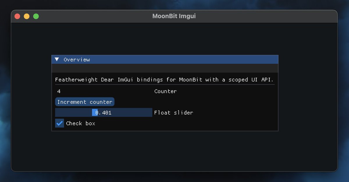 Yorkin___'s tweet photo. Experimenting with a scoped UI wrapper for MoonBit Dear ImGui bindings. It’s like a trailing-lambda UI API, but more featherweight

https://t.co/mqeYMZY2oK

#moonbit #imgui https://t.co/pWLMxweLZz