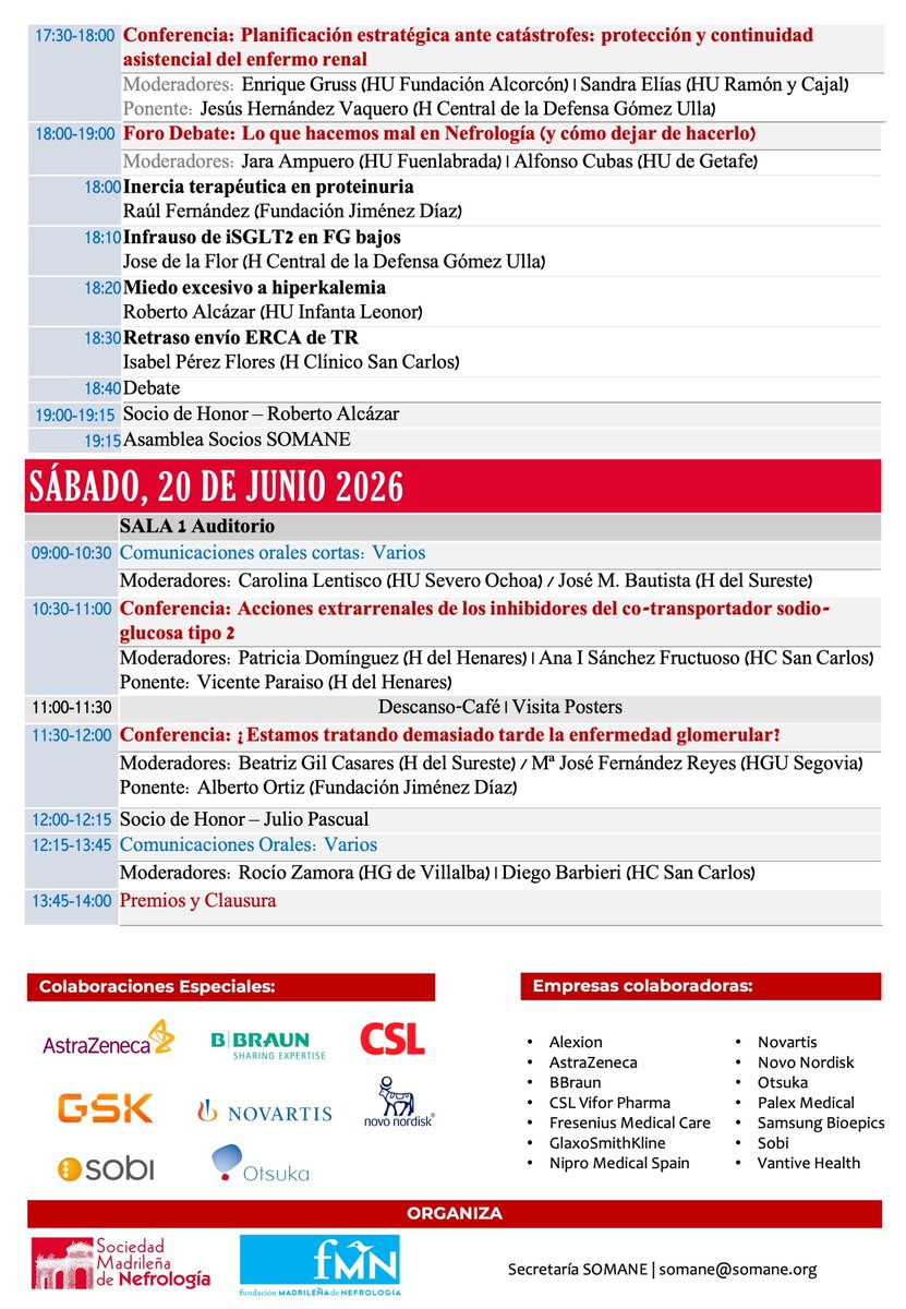 SOMANEorg's tweet photo. Este es el programa para la #ReuniónSOMANE 🏥
Con conferencias y foros de debate muy interesantes 🩺
🗓️ Empezará el viernes, 19 de junio, a las 09h 
Y termina el sábado, 20 de junio, a las 14h
📍 Tendrá lugar en el Parador de la Granja de San Ildefonso
#SOMANE #Nefrología https://t.co/C99rcTY9C4