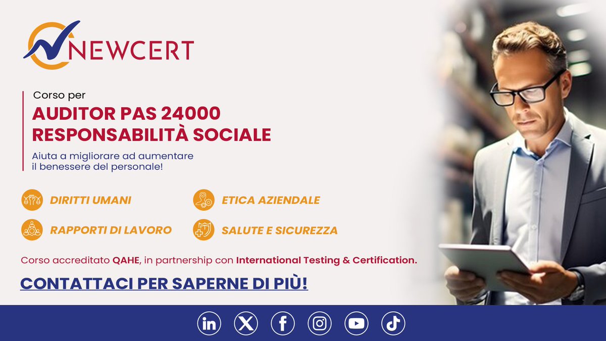 newcert's tweet photo. 🎓 Grazie alla partnership con l’ente di certificazione International Testing &amp; Certification, il corso #PAS24000 è accreditato QAHE!
Un motivo in più per iscriverti!

Per tutte le info 👉 https://t.co/YuauxJPxnn

#newcert #gestionesociale #auditor #sostenibilità #ESG #etica https://t.co/Saqe1yyzv9