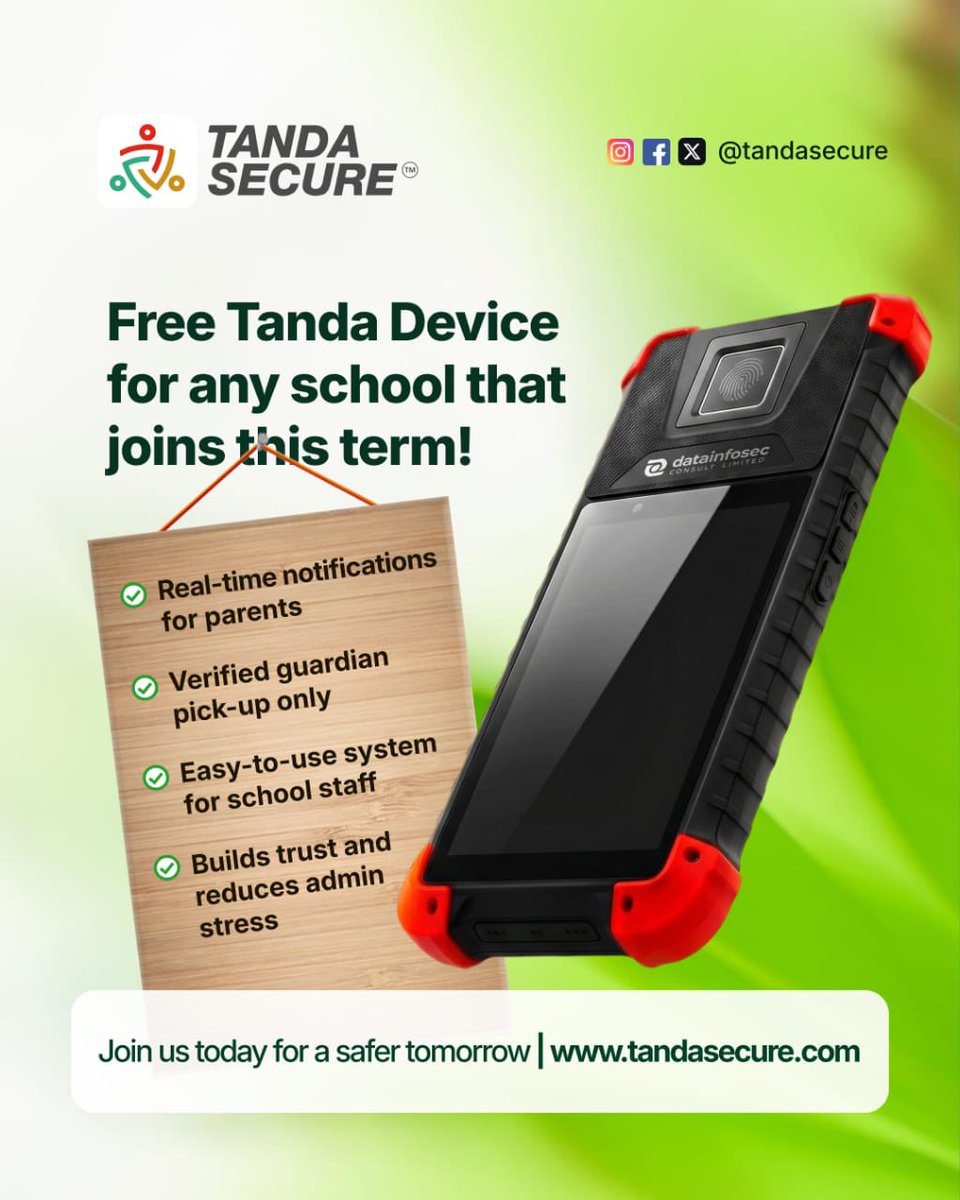 TandaSecure's tweet photo. The best schools don’t wait for security issues before upgrading their systems.

Tanda Secure helps schools:
✔ Verify approved guardians
✔ Reduce pickup confusion
✔ Notify parents in real time
✔ Build trust with families

And this term, schools get a FREE Tanda Device when they join.

Smart schools are upgrading. Be part of them 
Visit 👉 https://t.co/EoKmyyKUwY for more information