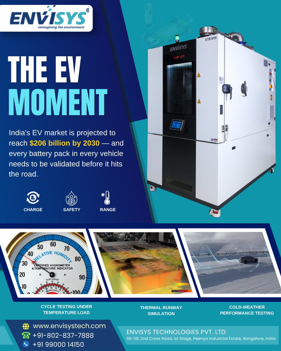 Envisys_Tech's tweet photo. Everyone's talking about India's EV boom. Not enough people are talking about what happens in the lab before those vehicles reach the road. Every Li-ion battery cell. Every pack assembly. Every thermal management system.
#EVIndia #ElectricVehicle #BatteryTesting #EVBattery https://t.co/E160qqq7jh