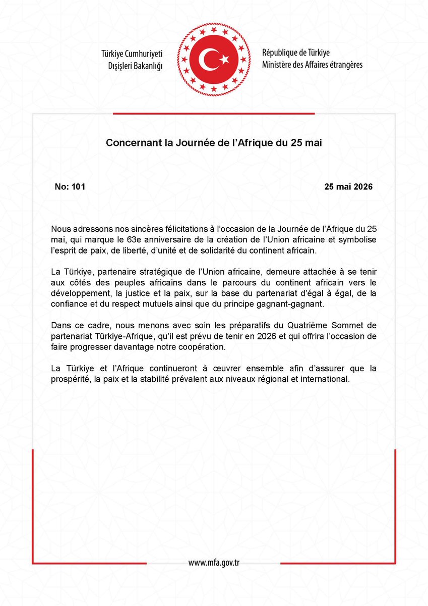 MFATurkiyeFR's tweet photo. Concernant la Journée de l’Afrique du 25 mai https://t.co/49RGIZQPyW https://t.co/rmnRRVBWSk