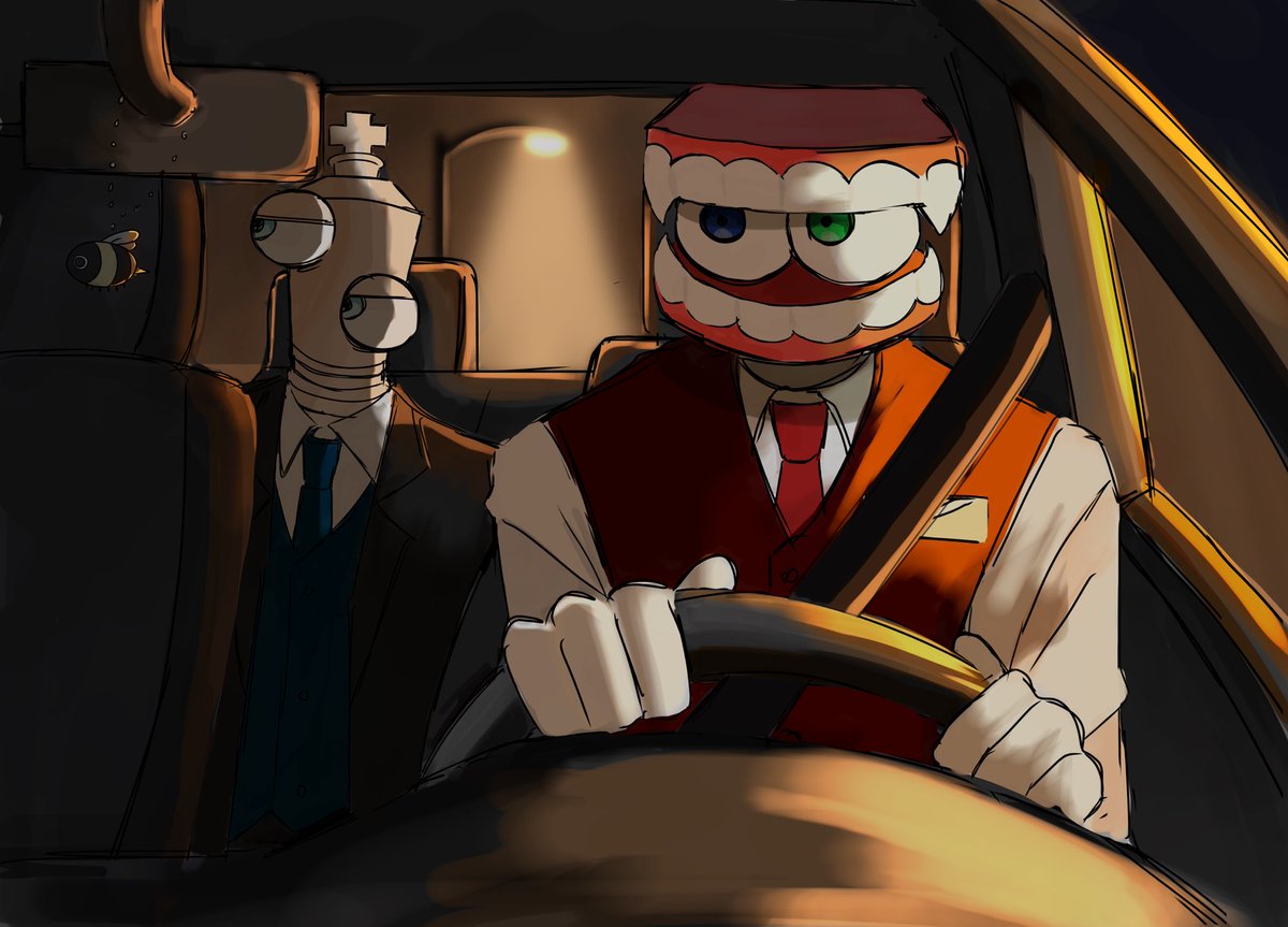 coke4466's tweet photo. できた！Taxi AU…？
会社帰りでタクシーを利用したキンガーと運転手のケインが偶然出会って仲良くなる話！！！
そしてある日キンガーが会社で誤って同僚を殺めて、ケインの提案でその死体を森まで車で運び、埋め、2人で逃亡生活するまでがセット😐
（展開急すぎてきしょい）
#tadcau #royalteeth https://t.co/HtpINpHI1E