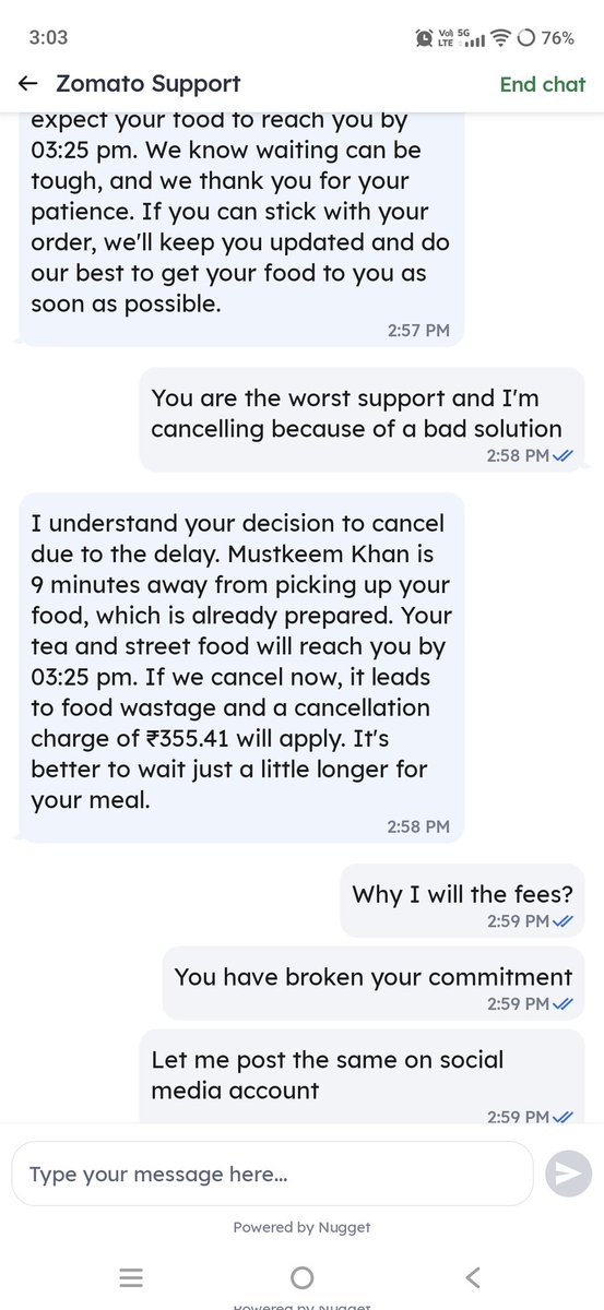 Neel_Life_Love's tweet photo. @zomato @zomatocare @deepigoyal  this is customer support. Food is 25 minutes late as per the committed time but asking customers to suffer. Why will the customer pay for your late delivery if want to cancel. https://t.co/vRZ5S9y2ff