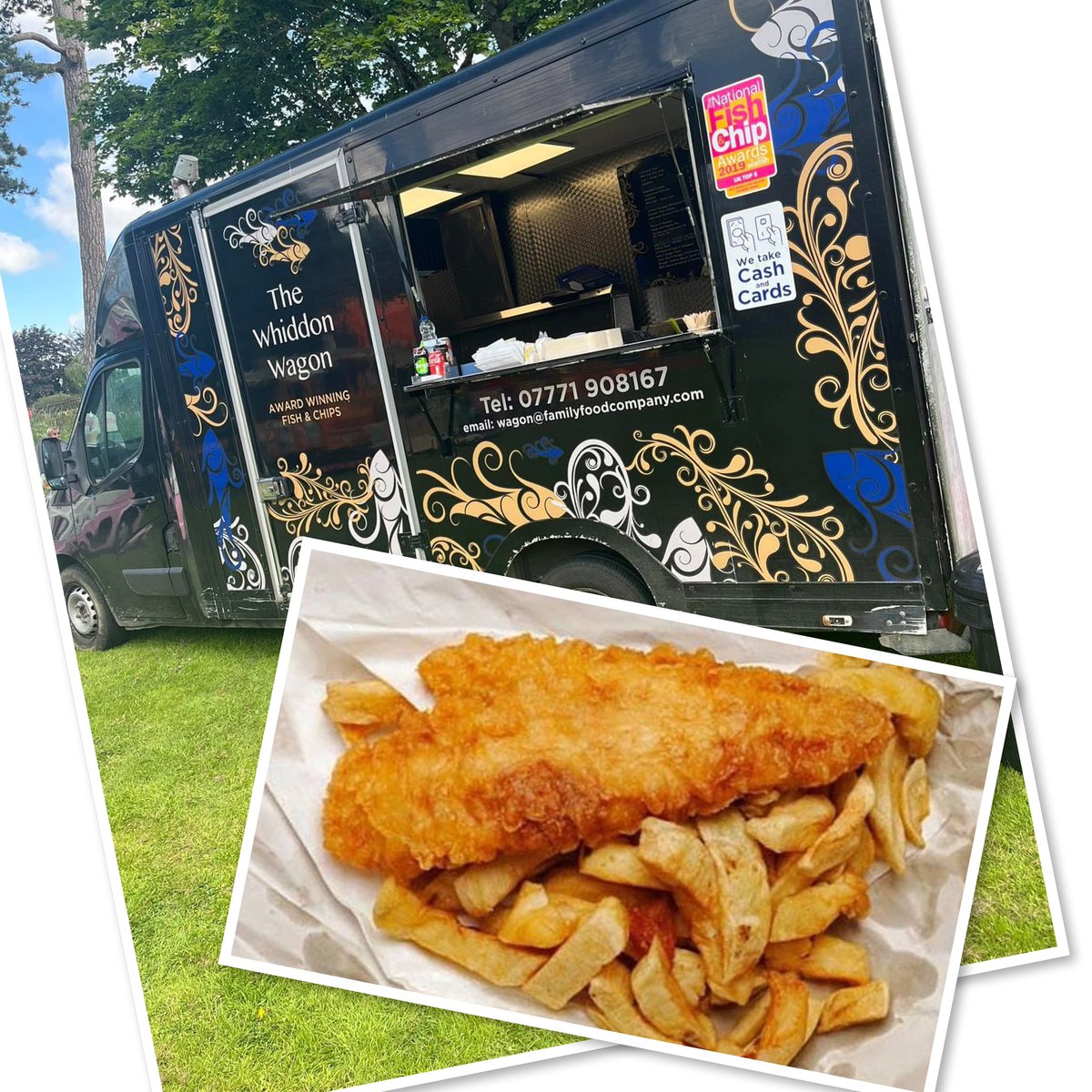 WarcombeP's tweet photo. Our award winning Fish &amp; Chip Van, The Whiddon Waggon, is on site from 5pm this evening! Everybody’s holiday favourite! No cooking tonight! Yummy! Wishing you all a happy Bank Holiday! Have a great day y’all ☀️😎🏖️👙#bankholiday #foodvan #fishandchips #campingfun  #CampingFun https://t.co/BP6vC6uWNt