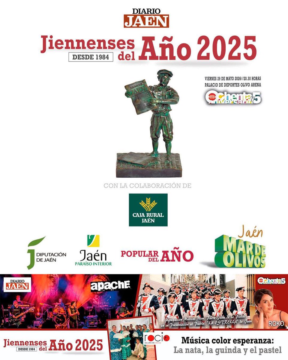 AmEstrellaJaen's tweet photo. 𝐉𝐈𝐄𝐍𝐍𝐄𝐍𝐒𝐄𝐒 𝐃𝐄𝐋 𝐀𝐍̃𝐎 𝟐𝟎𝟐𝟓 📰🏅

Este viernes, 𝟮𝟵 𝗱𝗲 𝗺𝗮𝘆𝗼 𝗱𝗲 𝟮𝟬𝟮𝟲, inauguraremos con nuestra música la gala de @DiarioJAENes en el Palacio de Deportes Olivo Arena.

¡De Jaén para Jaén! ¡Allí estaremos! ✡️🎶

#Jaén #SuenaLaEstrella #30AmEstrellaJaén https://t.co/WgCb3uk7w6