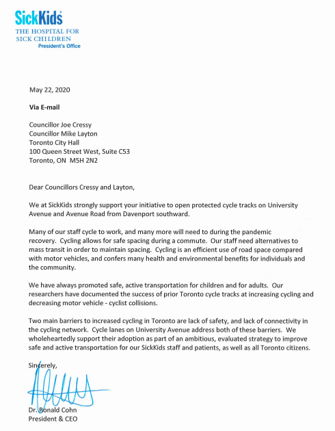 raghu_venugopal's tweet photo. Hospital Row bike lanes are "strongly" supported by Toronto's Hospital for Sick Children. I'm glad @abctoronto_ called for hospital's input. SickKids supports "open protected cycle tracks on University" as written by Dr. Cohn their CEO. https://t.co/qekVoBk1ML