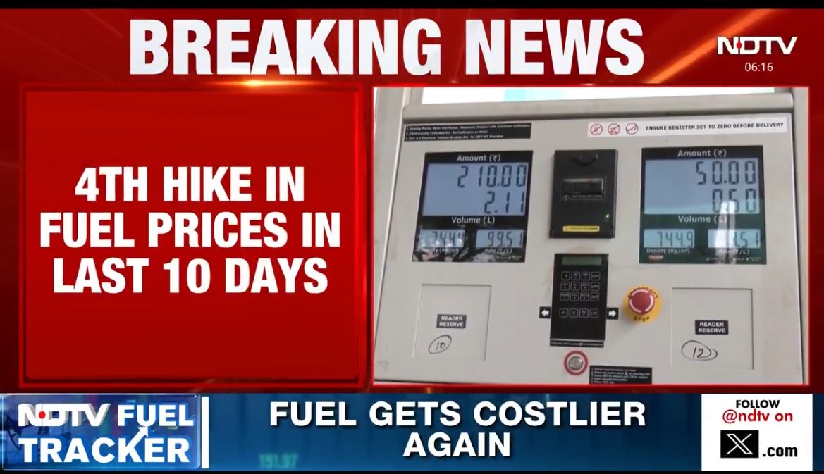 officeofssbadal's tweet photo. Fourth hike in Petrol-Diesel prices in just 10 days!
This time: Rs 2.61/litre on Petrol & Rs 2.71/litre on Diesel

•  May 15: Rs 3/litre (both)
•  May 19: Rs 0.87 (P) & Rs 0.91 (D)
•  May 23: Rs 0.87 (P) & Rs 0.91 (D)
•  May 25: Rs 2.61 (P) & Rs 2.71 (D)
Cumulative hike: Over Rs 7.50 per litre in 10 days.

▪️This is a crippling blow to the common man already battling skyrocketing prices of essential commodities. 
▪️It will push the agriculture sector into recession, devastate the middle class, and inflict untold misery on the poor.
▪️The GOI must immediately slash GST & other taxes on fuel and essential items to provide relief from this crushing inflation.