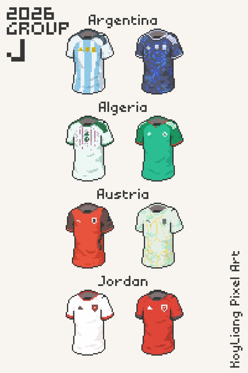 KoyLiang's tweet photo. Group J we have the defending champion
Argentina 🇦🇷 Algeria 🇩🇿 Austria 🇦🇹 Jordan 🇯🇴

#WorldCup https://t.co/3UoVvyFL6I