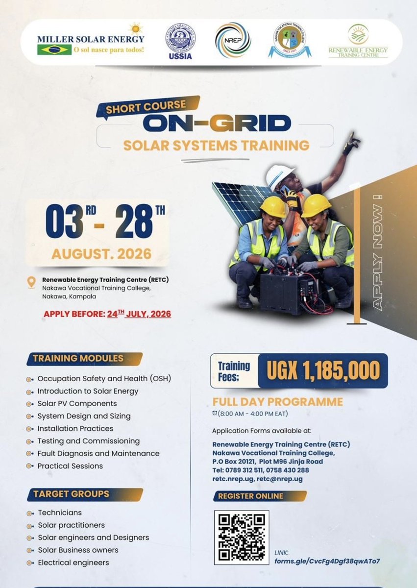 NREP_Uganda's tweet photo. Applications for the On-Grid Solar Systems Training are now open.

The training will take place from the 3rd to 28th of August 2026:

📍 Renewable Energy Training Centre @RETC_UG , Nakawa

Participants will gain practical skills in: • Solar PV components • System design & sizing • Installation & commissioning • Fault diagnosis & maintenance
 📝 Deadline for application is 24th July 2026. Scan the QR code to register!