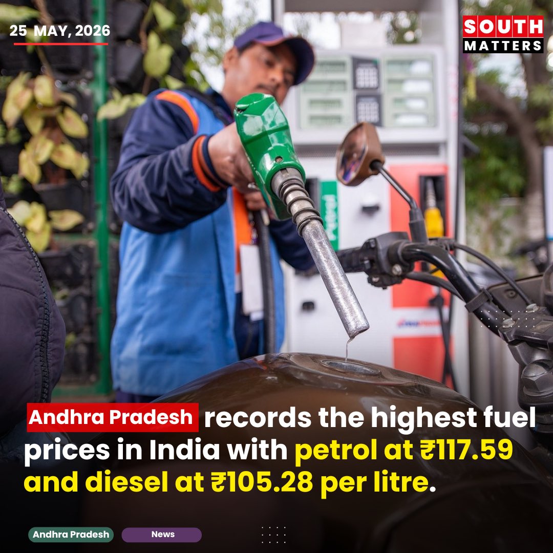 SouthMatters's tweet photo. Andhra Pradesh is witnessing one of the highest fuel prices in India, with petrol at ₹117.59 and diesel at ₹105.28 per litre. Reports and government data show that AP consistently ranks among the costliest states for fuel due to high VAT and additional state levies. https://t.co/kjStj84ScZ