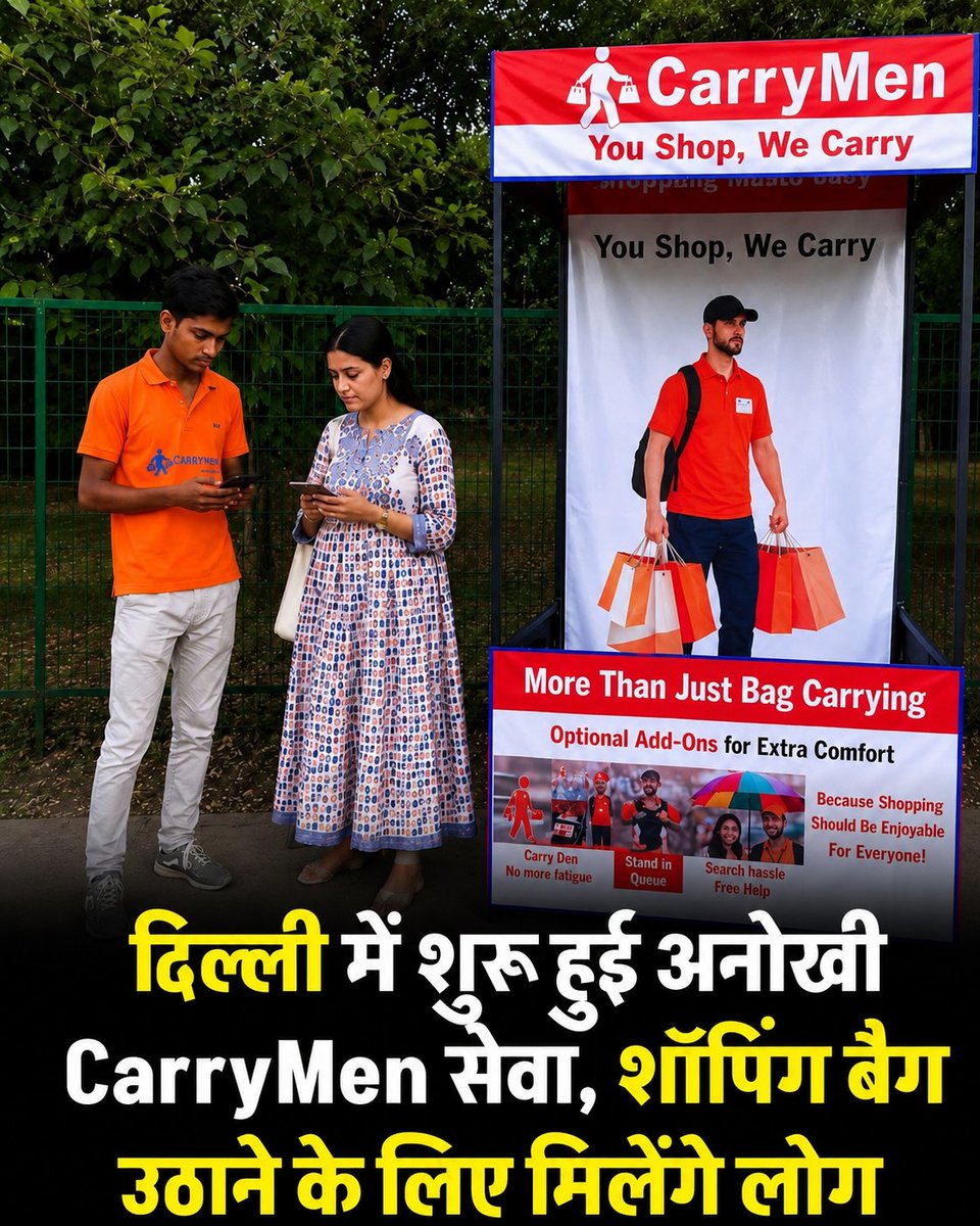 ncibnews's tweet photo. दिल्ली के लाजपत नगर मार्केट में अब शुरू हुई एक अनोखी सुविधा, जहां लोग ‘CarryMen’ किराये पर ले सकते हैं। यह सेवा ₹110 प्रति घंटे से शुरू होती है। CarryMen ग्राहकों के शॉपिंग बैग उठाने, खाने की लाइन में लगने, सामान मेट्रो तक पहुंचाने और दुकानों में बैठने की जगह ढूंढने जैसे काम करेंगे।

2 घंटे के लिए यह सेवा ₹219 और 3 घंटे के लिए ₹319 में उपलब्ध है। भीषण गर्मी और भीड़भाड़ के बीच यह सुविधा लोगों को काफी राहत दे सकती है। सोशल मीडिया पर यह नई सेवा तेजी से वायरल हो रही है।

#Delhi #LajpatNagar #Shopping #NewService #CarryMen #ViralNews #DelhiNews #Market #NCIBNews