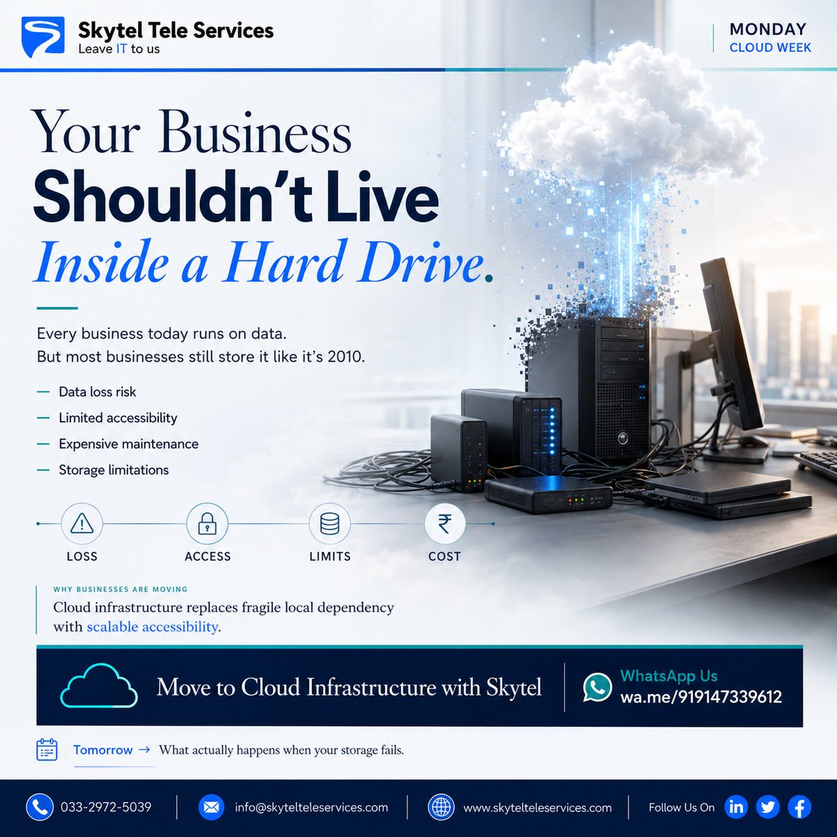 skytel_social's tweet photo. Your business data is still sitting on a hard drive? That's 2010 calling. 📦
Data loss. Limited access. High costs. No thanks.
Kolkata businesses are moving to cloud — smarter, safer, scalable. ☁️
Make the move. #CloudKolkata #SmartIT #LeaveITtoUs https://t.co/RevFFHInrd