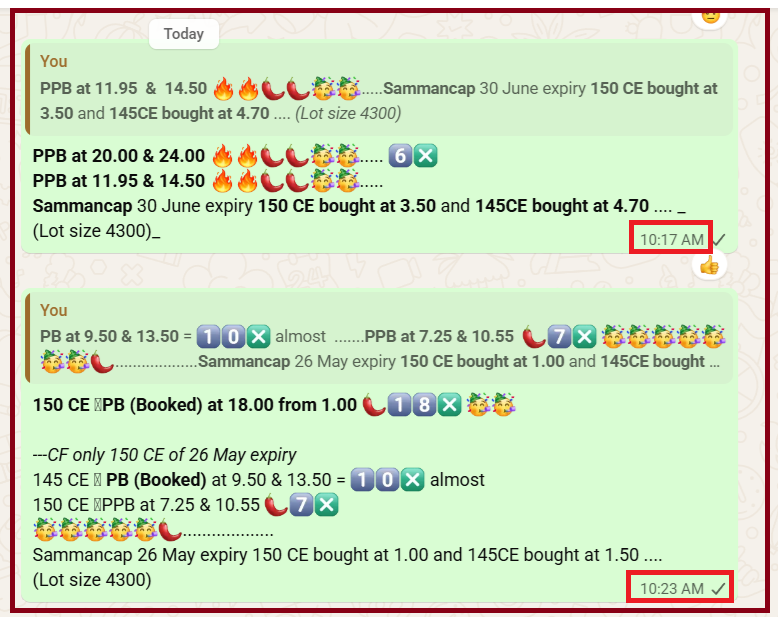 AutusInvestment's tweet photo. 150 CE PB (Booked) at 18.00 from 1.00 🌶️1️⃣8️⃣❎ 🥳🥳
---CF only 150 CE of 26 May expiry
145 CE PB (Booked) at 9.50 & 13.50 = 1️⃣0️⃣❎ almost
150 CE PPB at 7.25 & 10.55 🌶️7️⃣❎
🥳🥳🥳🥳🥳🌶️...................
#Sammancap 26 May expiry 150 CE bought at 1.00 and 145CE bought at 1.50 ....
(Lot size 4300)
PPB at 20.00 & 24.00 🔥🔥🌶️🌶️🥳🥳..... 6️⃣❎
PPB at 11.95 & 14.50 🔥🔥🌶️🌶️🥳🥳.....
#Sammancap 30 June expiry 150 CE bought at 3.50 and 145CE bought at 4.70 .... _
(Lot size 4300)_
No trading updates were shared for the second half of May 21 and May 22, as traders simply “copy and paste”.
🥳🥳🥳🥳🥳🥳🥳🥳🥳🥳🥳🥳🥳🥳🥳
Super Duper Trade - Doesn't matter what is the result, when we have #SGLogic reading & #SGLEVEL support
"भाव भगवान छे और एस जी लेवल देवदूत छे”
PPB at 7.25 & 10.55 🌶️7️⃣❎ 🥳🥳🥳🥳🥳🥳🥳🌶️...................Sammancap 26 May expiry 150 CE bought at 1.00 and 145CE bought at 1.50 .... (Lot size 4300)
PPB at 11.95 & 14.50 🔥🔥🌶️🌶️🥳🥳.....Sammancap 30 June expiry 150 CE bought at 3.50 and 145CE bought at 4.70 .... (Lot size 4300)
🥳🥳🥳🥳🥳🥳🥳🥳🥳🥳🥳🥳🥳🥳
#Sammancap 60m chart-140.10 Today, Q4FY26 Result (Post Market)
Sammancap 26 May expiry 150 CE bought at 1.00 and 145CE bought at 1.50 .... (Lot size 4300)
Sammancap 30 June expiry 150 CE bought at 3.50 and 145CE bought at 4.70 .... (Lot size 4300)
📌📌 No Copy Paste please 📌📌
#Priceaction
#Nifty #Sensex #Niftybank #NiftyMidSelect #TradingDiscipline
#SGLogic #SGLEVEL #AutusInvestment #INTRADAY #Banknifty #Markets #OptionsTrading #Giftnifty #Research #investments
@SGLEVELS
@AutusInvest
#Niftyfinservice