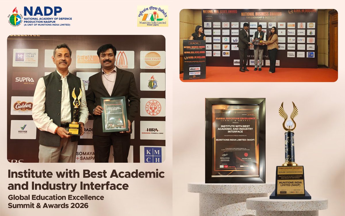 nadpnagpur's tweet photo. 🏆 Proud moment! NADP Nagpur (under Munitions India Ltd) won the "Institute with Best Academic and Industry Interface" award at the Global Education Excellence Awards 2026!

Bridging our AICTE-approved PGDM with defence, tech, &amp; Industry 4.0. 🇮🇳✨

#NADP #DefenceManagement https://t.co/TghheEpobL