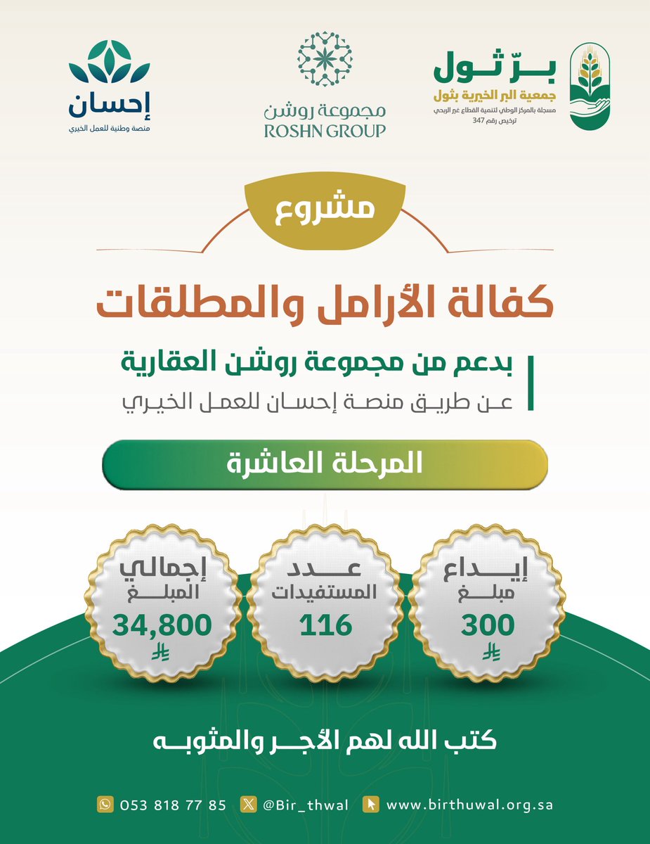 Bir_thwal's tweet photo. بدعم كريم من مجموعة روشن العقارية عبر منصة #إحسان للعمل الخيري، تم إيداع المرحلة العاشرة من مشروع كفالة الأرامل والمطلقات في حساباتهن البنكية.
جزاهم الله خير الجزاء، وبارك في عطائهم 🌹✨

#مجموعة_روشن #منصة_إحسان #العمل_الخيري #كفالة_الأرامل #كفالة_المطلقات https://t.co/9IjE1H5mbh