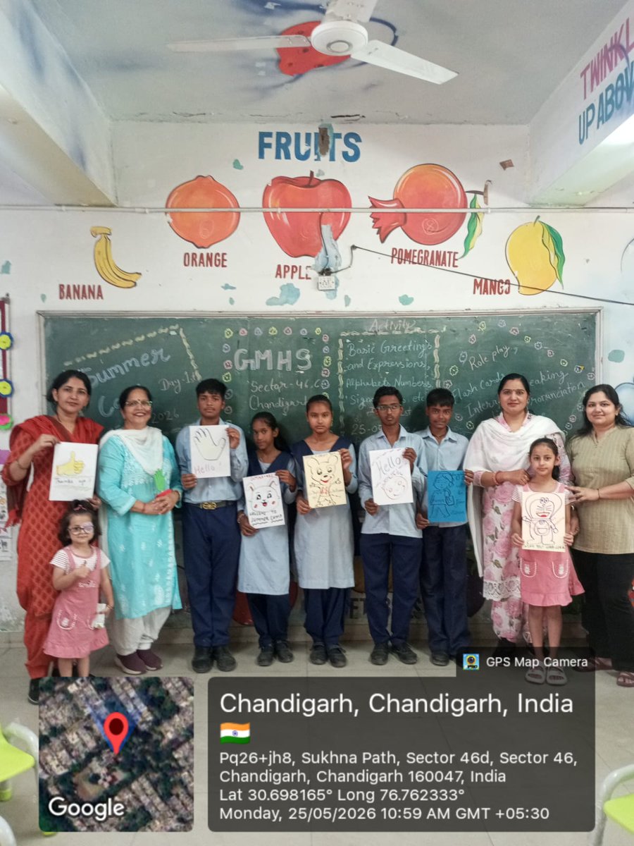 Ghs46cChd's tweet photo. We conducted the Summer Camp at GMHS, Sector 46-C. Students learned greetings, alphabets, numbers, and signatures through role play, flash cards, speaking activities, and pronunciation practice. 
#BharatiyabhashaSummerCamp
#BBSC2026
@Schooleduchd
#EduMinOfIndia https://t.co/CXr00x2N69