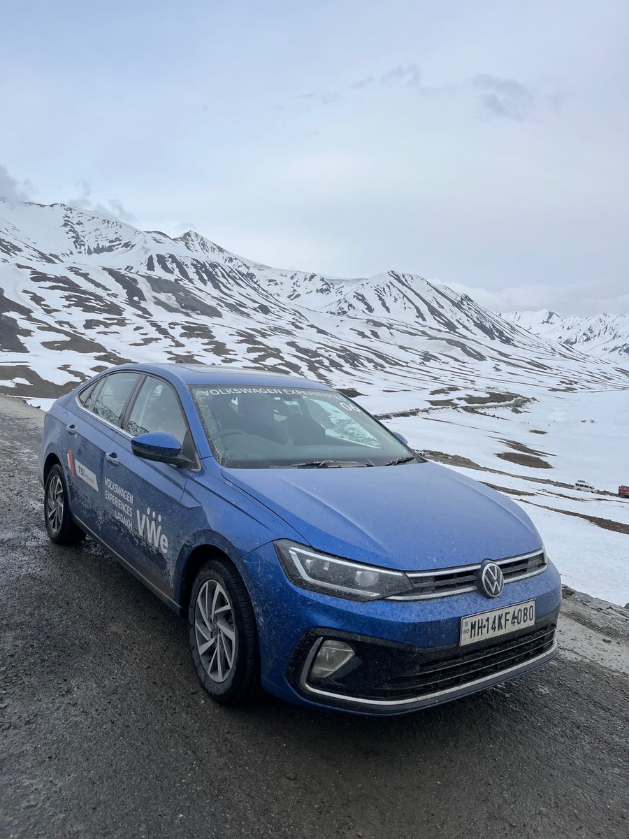 kushanmitra's tweet photo. A couple of summers ago, I drove around Leh. Taking the @volkswagenindia Virtus 1.0TSI from Leh through Khardungla onward to Nubra and Siachen then towards Hanle and back through the Tsokar plateau and through the Spiti road and a very crowded Manali. 
This small turbo engine genuinely left me shocked at how good it was, for hours on end I was driving between 12,000 - 15,000 feet and Khardungla is at 17,582 feet. No joke for any internal combustion engine with that thin mountain air, but the Virtus 1.0TSI, and I was driving the six-speed manual, genuinely surprised me at just how good it was, even with its road-keeping abilities. Some of the stretches were empty high-speed mountain roads. 
For the second leg of the trip, I had no backup, nothing. Even did a stupid fuel miscalculation and got stuck in a mega traffic jam around Baralachala. And by then, my DOP was feeling the effects of altitude sickness pretty darn bad. But we made it back, and I'll go again. Maybe after summer vacation season.
Many thanks to Team VW India, especially Josh as well as @BertrandGDsouza for this trip for #volkswagenexperiences and if you're a VW customer in India, if you get invited for one of these don't hesitate!
Also, if you go to Ladakh in summer get the highest SPF sunscreen you can find.