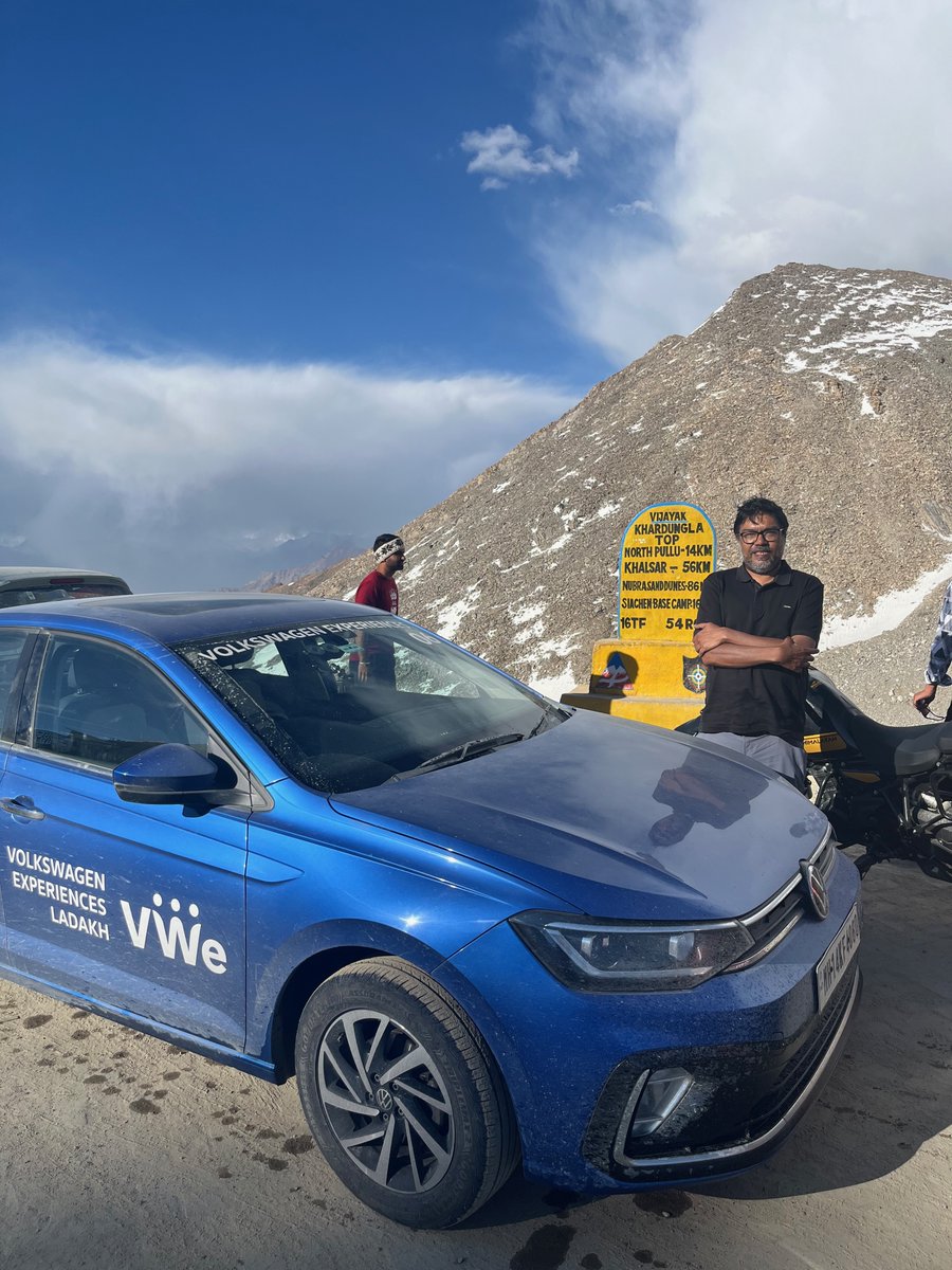 kushanmitra's tweet photo. A couple of summers ago, I drove around Leh. Taking the @volkswagenindia Virtus 1.0TSI from Leh through Khardungla onward to Nubra and Siachen then towards Hanle and back through the Tsokar plateau and through the Spiti road and a very crowded Manali. 
This small turbo engine genuinely left me shocked at how good it was, for hours on end I was driving between 12,000 - 15,000 feet and Khardungla is at 17,582 feet. No joke for any internal combustion engine with that thin mountain air, but the Virtus 1.0TSI, and I was driving the six-speed manual, genuinely surprised me at just how good it was, even with its road-keeping abilities. Some of the stretches were empty high-speed mountain roads. 
For the second leg of the trip, I had no backup, nothing. Even did a stupid fuel miscalculation and got stuck in a mega traffic jam around Baralachala. And by then, my DOP was feeling the effects of altitude sickness pretty darn bad. But we made it back, and I'll go again. Maybe after summer vacation season.
Many thanks to Team VW India, especially Josh as well as @BertrandGDsouza for this trip for #volkswagenexperiences and if you're a VW customer in India, if you get invited for one of these don't hesitate!
Also, if you go to Ladakh in summer get the highest SPF sunscreen you can find.