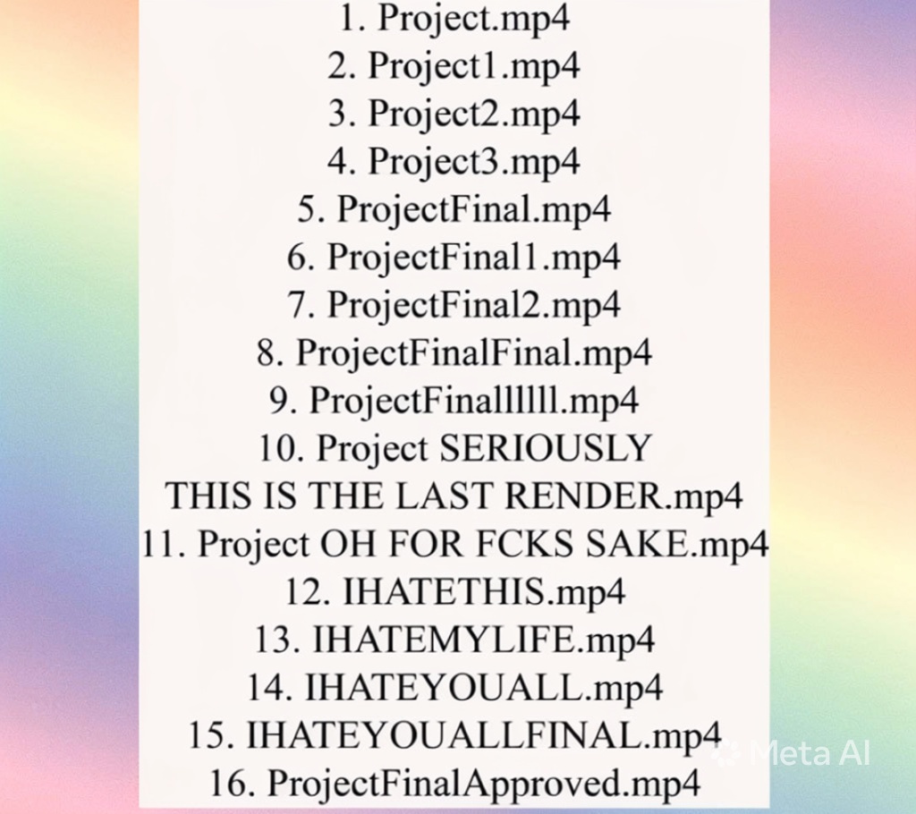 IvanasEdits's tweet photo. Naming your project "final" is practically asking for problems. https://t.co/rrSz6EAizk