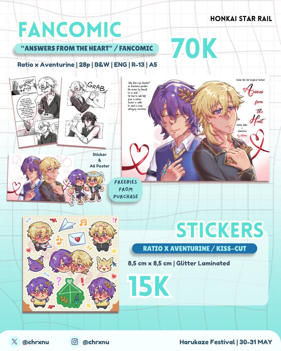 chrxnu's tweet photo. 🔁 + ❤ are appreciated^^ (1/4) 
Here's my OTS catalog for @harufest that I will be joining with some friends @ : 
 📌 [ chruekire C-07 ] ⊹ ˖ Ი𐑼
🗓 Both Days on 30 - 31 May ! 
🧋 Fandoms : HSR , ZZZ , &amp; One Piece
#harufest26catalogue #zonauang
#warunghsr #warungonepiece https://t.co/X4DBUziwqU