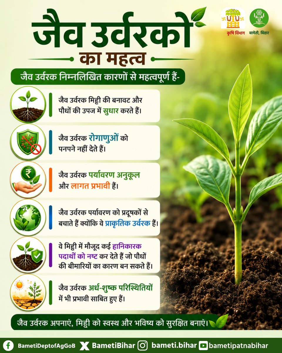 BametiBihar's tweet photo. क्या आप जानते हैं?
जैव उर्वरक मिट्टी की सेहत के लिए वरदान हैं।

✅ मिट्टी की बनावट में सुधार
✅ पौधों की उपज में वृद्धि
✅ हानिकारक रोगाणुओं से सुरक्षा

🌍 प्राकृतिक तरीके अपनाकर खेती को बनाएं सुरक्षित और टिकाऊ।

#agriculture #BiharAgriculture #FarmTips
@VijayKrSinhaBih @Agribih https://t.co/lCPNFgRfR4