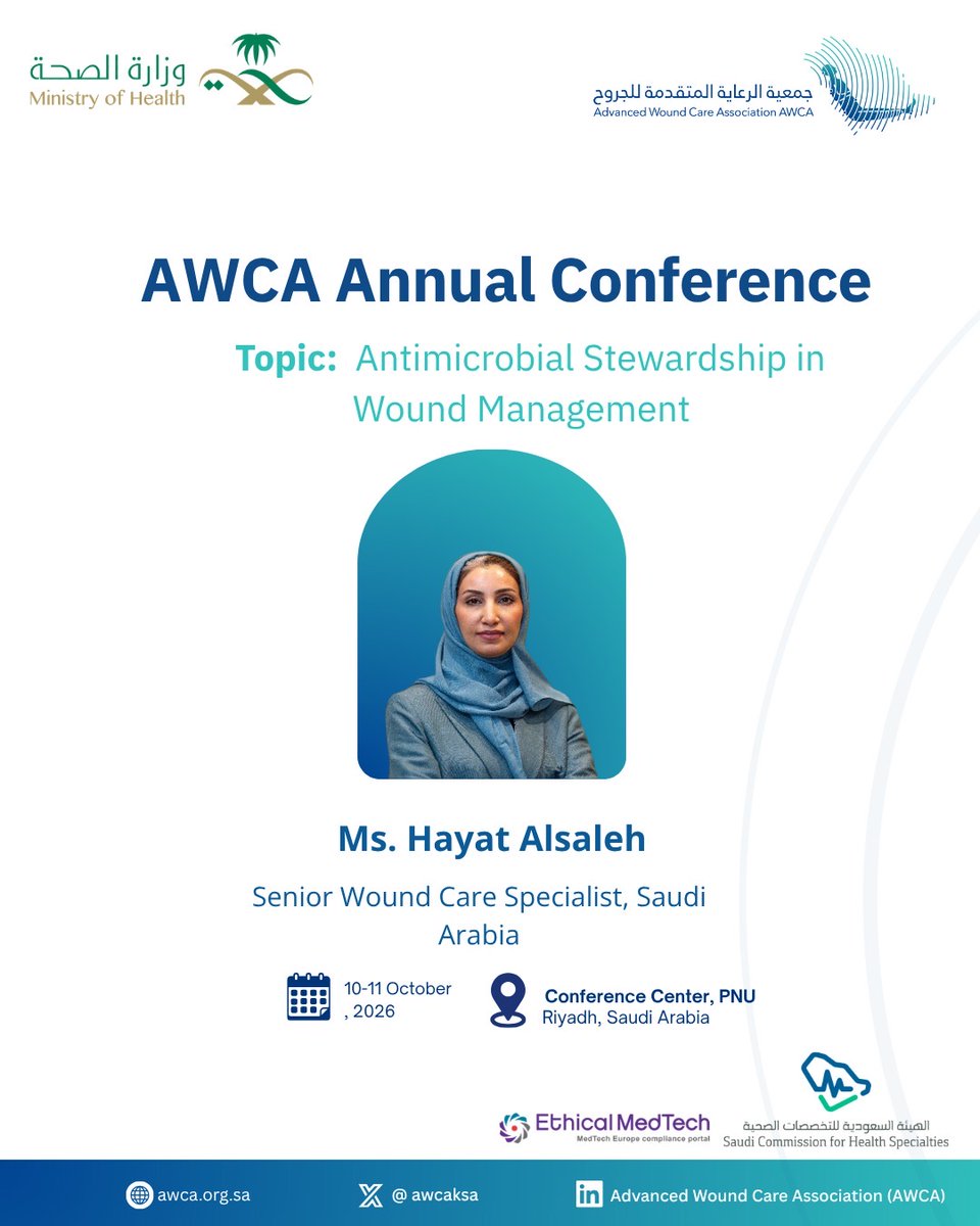 AWCAKSA's tweet photo. Key session on Antimicrobial Stewardship at AWCA Annual Conference by Hayat Alsaleh 
Get to know how to protect your patients with a proper treatment.

Book your free seat: https://t.co/H4K3BVeMBx https://t.co/JsKYPmwj5w
