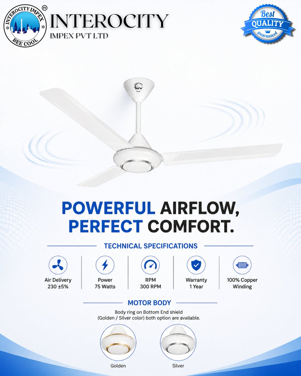 interocityindia's tweet photo. 56" PANOX Ceiling Fan

Powerful airflow with perfect comfort for every space.

Designed for smooth performance, durability, and elegant style.

✅ High Air Delivery
✅ 75W Power
✅ 300 RPM Speed
✅ 100% Copper Winding
✅ 1 Year Warranty https://t.co/rb8f7HdQaL