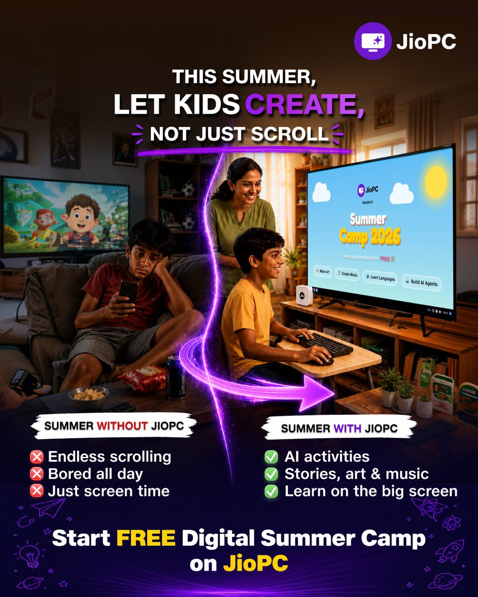 OfficialJioPC's tweet photo. Summer vacation ending soon?
Make the last few weeks count with JioPC FREE Digital Summer Camp.🚀

Launch JioPC on your Jio Set Top Box and start today - https://t.co/T3qmhjAs7u 

#JioPC #DigitalSummerCamp #LearnWithFun https://t.co/XJz7OzTgDH