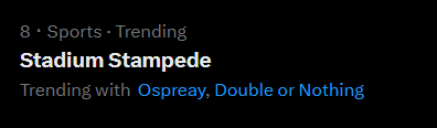 Cory_Hays407's tweet photo. AEW related trends currently trending:
1- #AEWDoN
8- #StadiumStampede
15- #Bandido
16- #Speedball
20- #Okada
21- #PPVs
22- #Thekla https://t.co/ZAOQcPo033