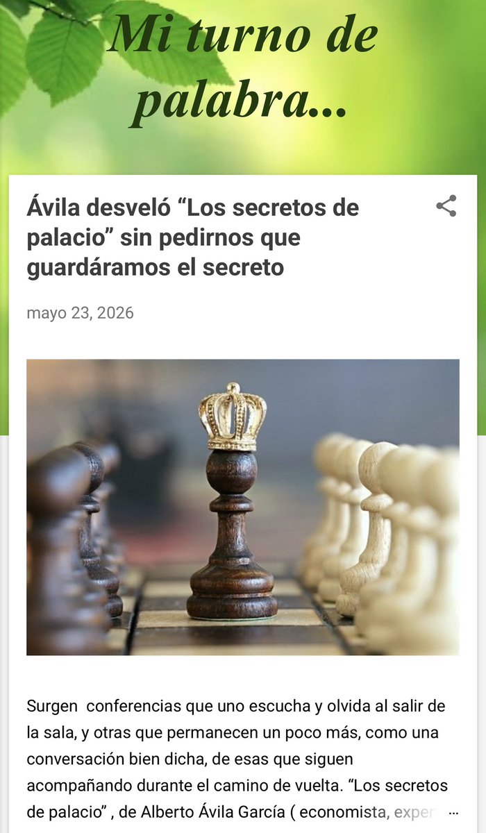 Alberto_AvilaG's tweet photo. Pedazo de crónica -tan generosa- sobre “LOS SECRETOS DE PALACIO”🎙️🤴🏛️ gracias por acudir, querida @TereCoello 

Feliz de haber transmitido que, en política, no siempre gana quien más ruido hace, sino quien mejor maneja el tablero, los tiempos… y los silencios.

Aún sonrío por verme definido unas veces como alfil, otras como caballo y otras como torre 😄♟️

Creo que este #Blog le interesará incluso a quienes no siguen la política de cerca👇
https://t.co/ATqZ9d8XKv

#compol #tenerife #conferencia #LosSecretosDePalacio