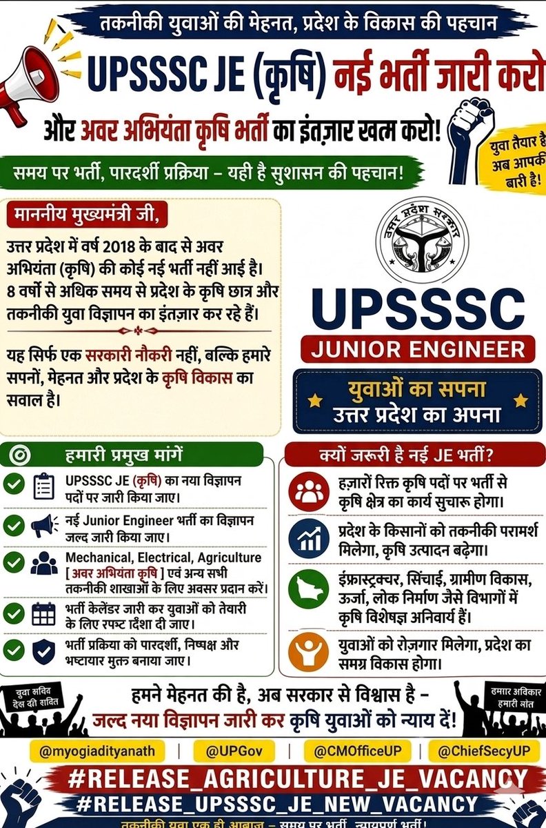 ravi_chaub31882's tweet photo. माननीय मुख्यमंत्री @myogiadityanath जी, वर्ष 2018 से उत्तर प्रदेश में अवर अभियंता (कृषि) की कोई नई भर्ती नहीं आई है। 8 साल से कृषि छात्र और तकनीकी युवा परेशान हैं। आपसे विनम्र निवेदन है कि जल्द नया विज्ञापन जारी कर हमें न्याय दें,@ChiefSecyUP 
#Release_Agriculture_JE_Vacancy https://t.co/LCC6XQYmmx