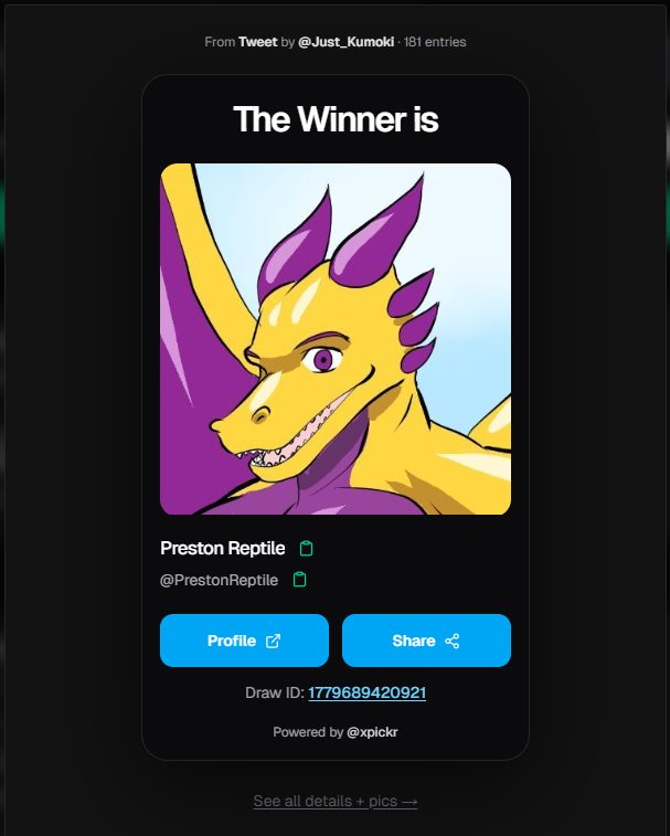 Just_Kumoki's tweet photo. Aaand we have a Winner!!! @PrestonReptile 

Please send me a message to confirm your prize.

If I don't recieve a response in 24hr I'll draw a different winner.

Thank you everyone for participating! https://t.co/UdashTWcyx