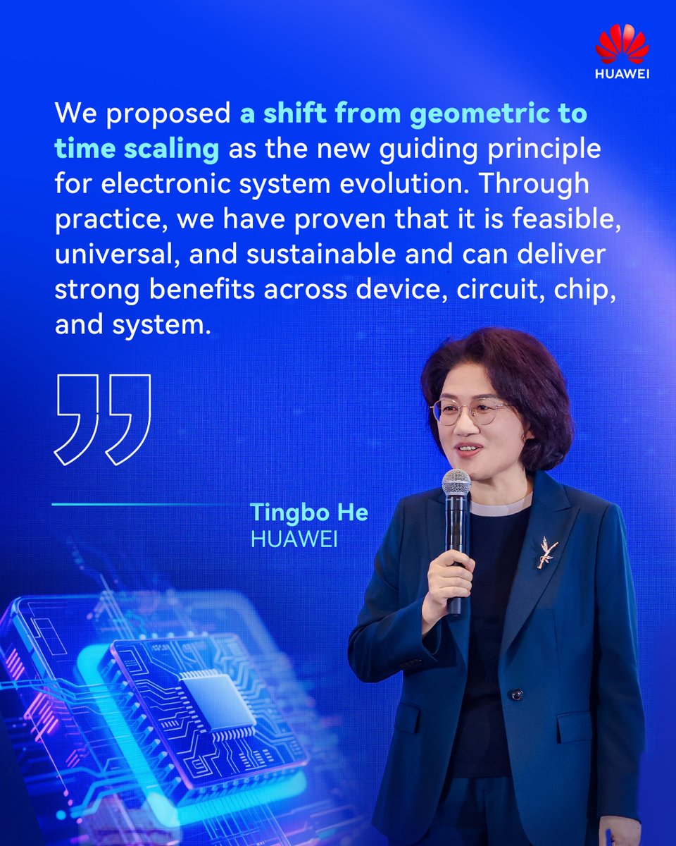 Huawei's tweet photo. HUAWEI's He Tingbo has presented the Tau (τ) Scaling Law, a new principle for guiding the future development of the semiconductor industry, highlighting why time scaling can deliver strong benefits across device, circuit, chip, and system.