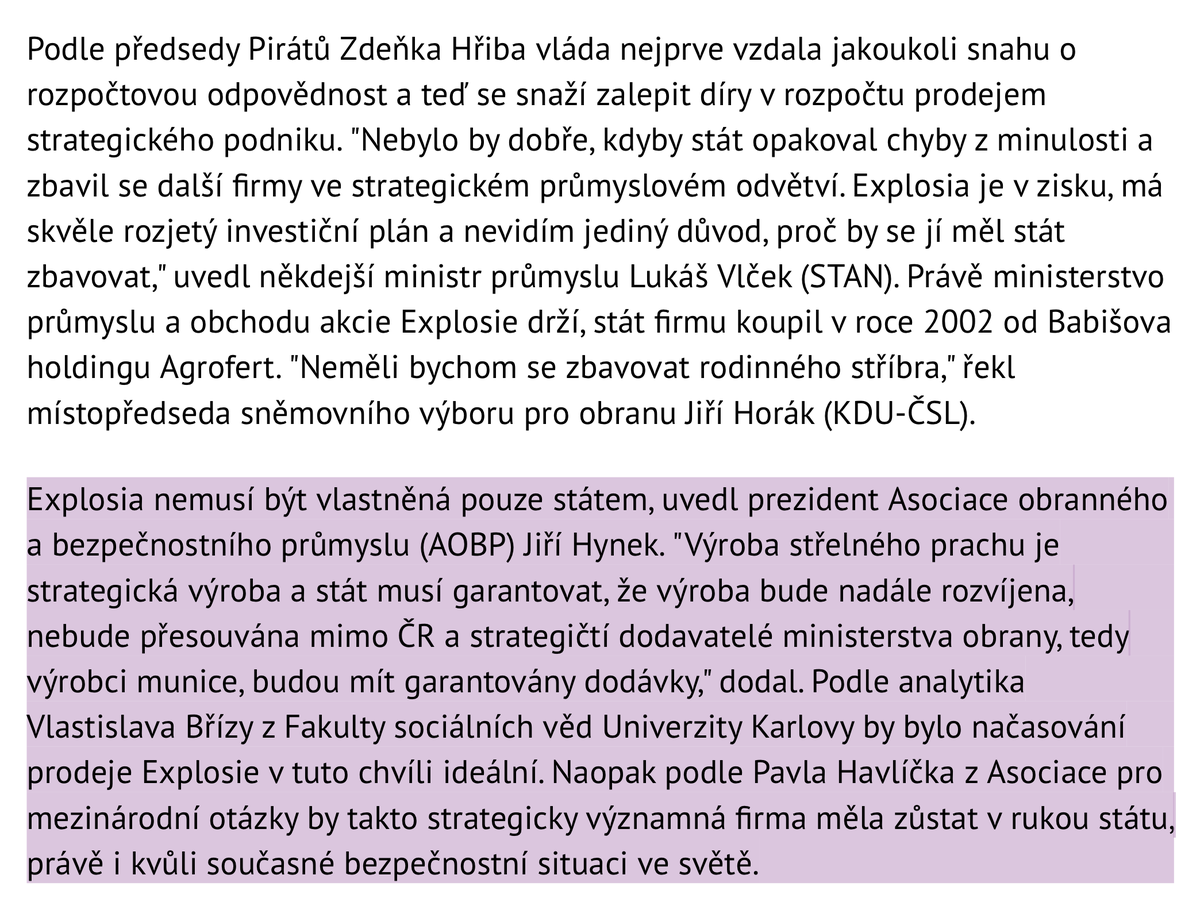 Pavel_Havlicek_'s tweet photo. Již pár dní se intenzivně řeší prodej 🇨🇿 státního podniku #Explosia, o kterém promluvil premiér #Babiš, který má s firmou svou vlastní historii.
Za mě určitě špatně se ho dnes jako klíčového podniku, navíc v době intenzivních váleč. konfliktů zbavovat:
https://t.co/euRlZAoNkT https://t.co/AUTUBZBEM8