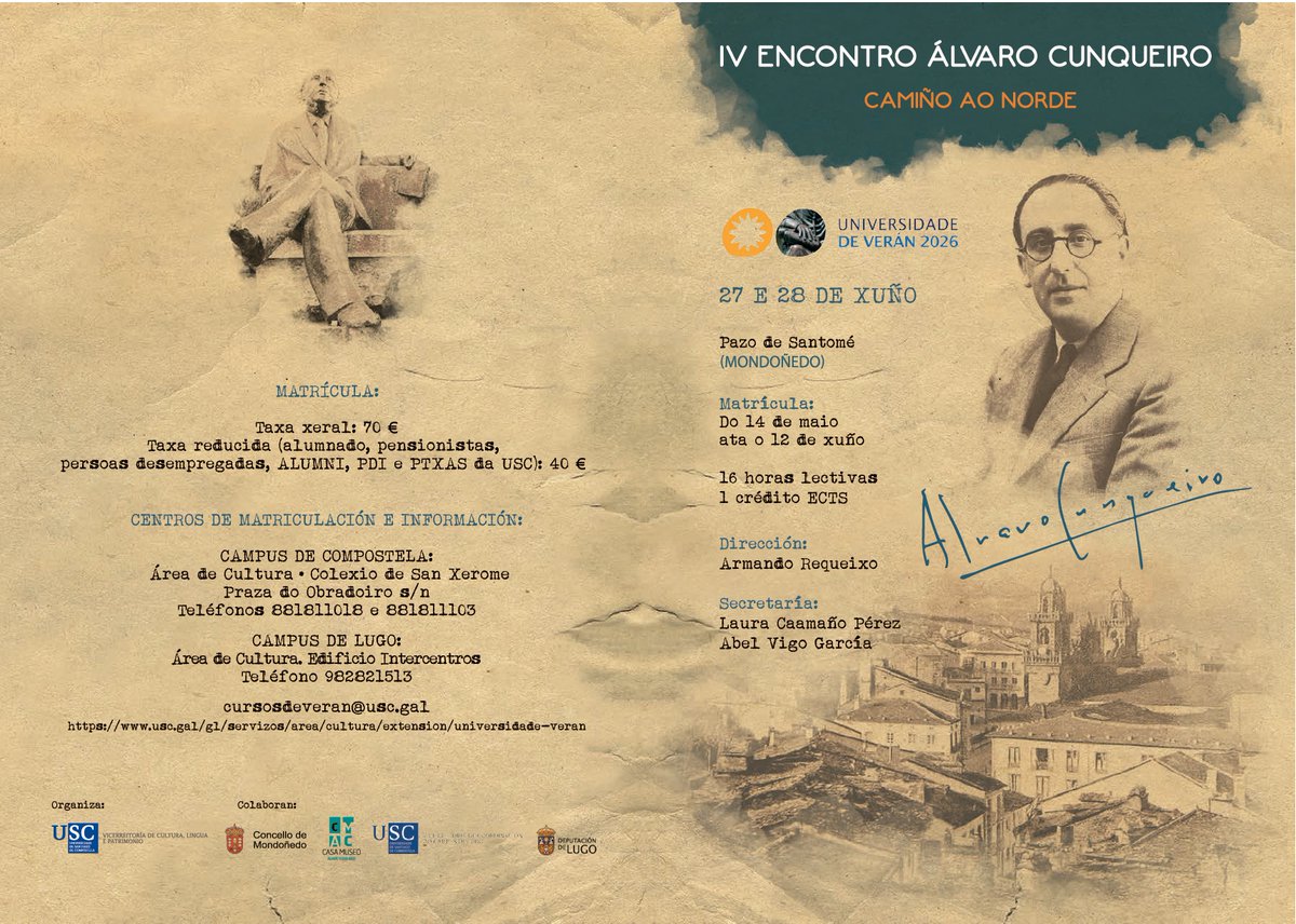 armandorequeixo's tweet photo. Xa está en marcha o IV Encontro Álvaro Cunqueiro, o Curso de Verán da USC que organizamos en Mondoñedo. Animádevos a matricularvos neste curso no que haberá relatorios, novidades literarias, roteiros e outras sorpresas. Velaquí o enlace para a matrícula: https://t.co/yvEVjnIqbD https://t.co/cRkUk42sWb