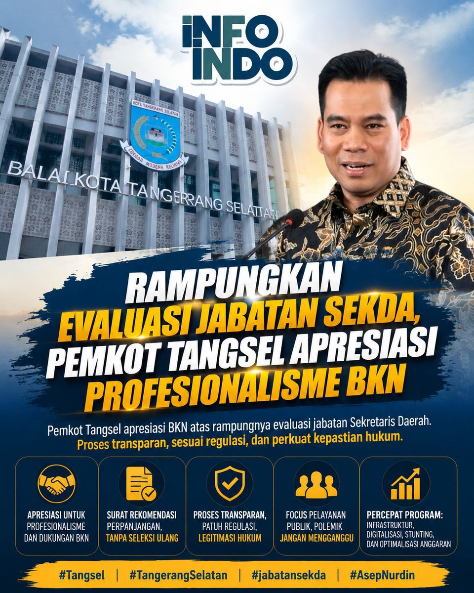CahmadP's tweet photo. Proses evaluasi jabatan seharusnya dijalankan berdasarkan aturan, transparansi, dan profesionalisme lembaga yang berwenang. Di tengah polemik yang berkembang, pelayanan publik tetap harus jadi prioritas utama.

#Tangsel #TangerangSelatan #jabatansekda #AsepNurdin https://t.co/73WjamT1Cr