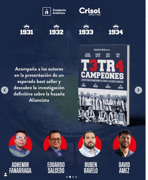 alejvillanueva9's tweet photo. Aliancistas, no se pueden perder este martes 26 a las 7 p.m. en la librería Crisol del C.C. Plaza San Miguel, la presentación del libro TETRACAMPEONES. No puedes dejar pasar esta oportunidad para conocer el trabajo de investigación serio que se ha hecho para demostrar la verdad. https://t.co/SopzCgQI6Y