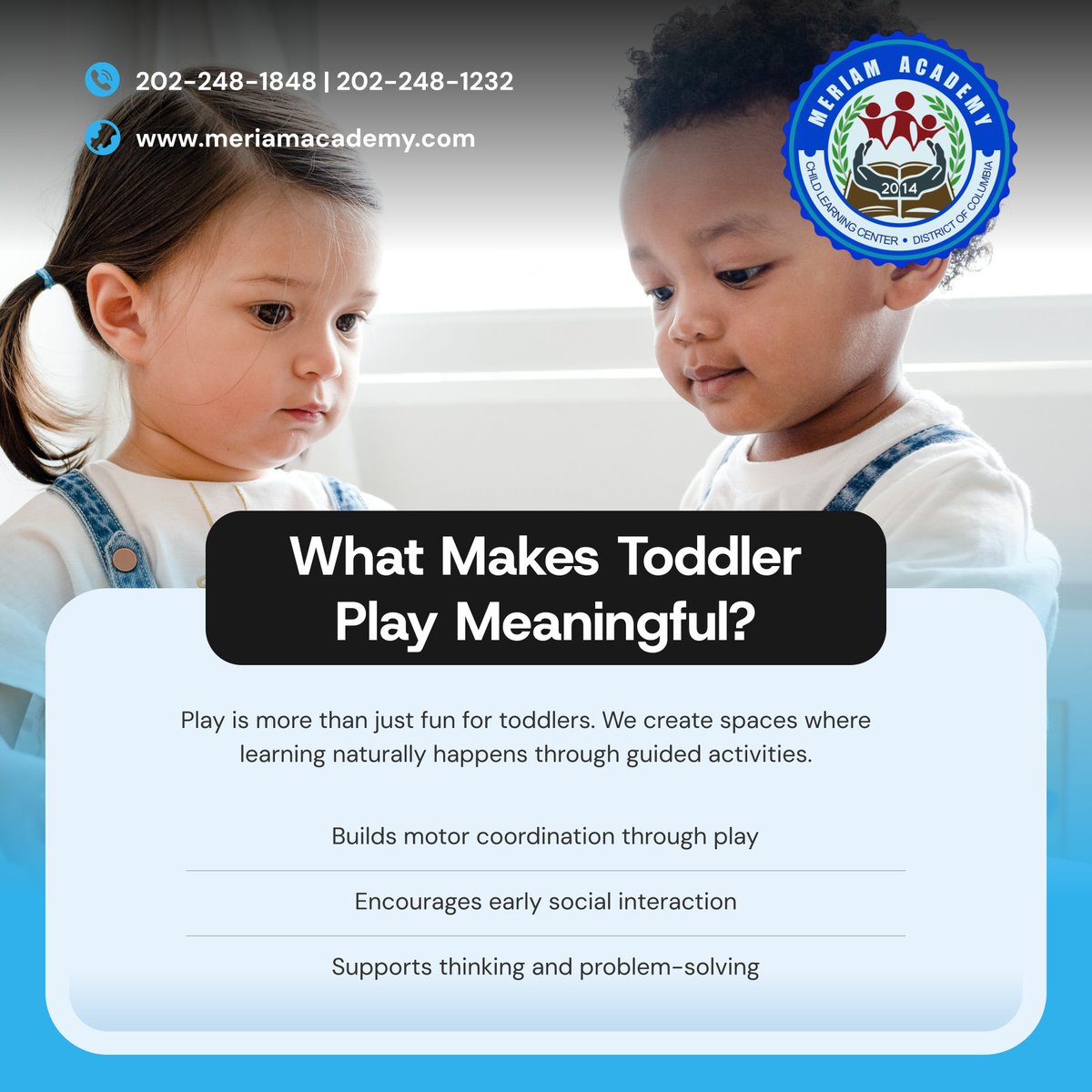 MeriamAcademy's tweet photo. Toddlers learn best when they’re engaged and curious. 🧸✨ Our play groups are designed to support movement, interaction, and early thinking skills. 👣 

Reach out today and see how play can shape your child’s growth. 📞

#WashingtonDC #ChildCare #ToddlerPlay https://t.co/nIXEaESPo3