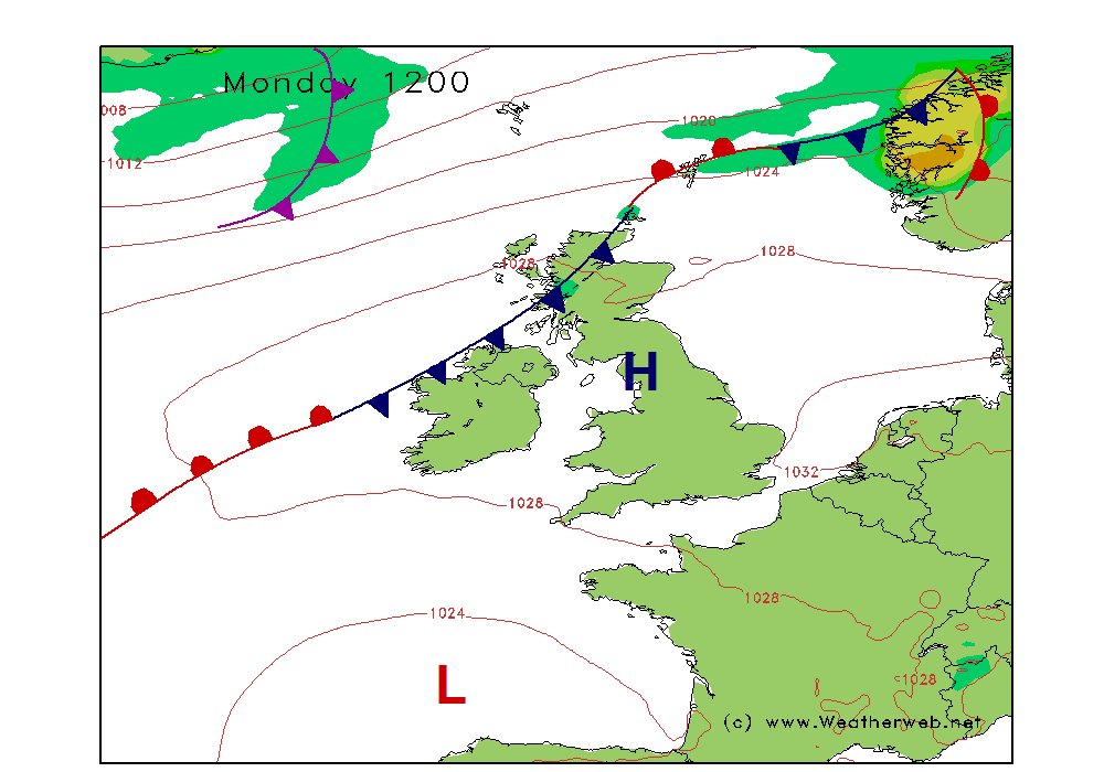 wxweb's tweet photo. Hold on tight today (Monday) then because here we go with a scorcher. 33C is possible in southern and central England this afternoon. Lots of sunshine for most under cloud-free skies, but cloudier and cooler northern Scotland. https://t.co/zWjYCE6QCT