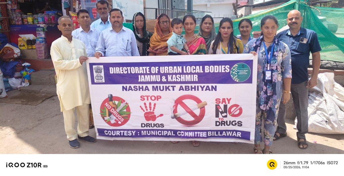 MunicipalComm11's tweet photo. Today on 25-05-2026, Municipal Committee Billawar conducted a Nasha Mukt Awareness Drive at different locations to spread awareness about the harmful effects of drugs.
@JammuUlb
@districtadmkat1
@DiprKathua
@SwachhJk
@md_sbm https://t.co/LuNEiQSN01