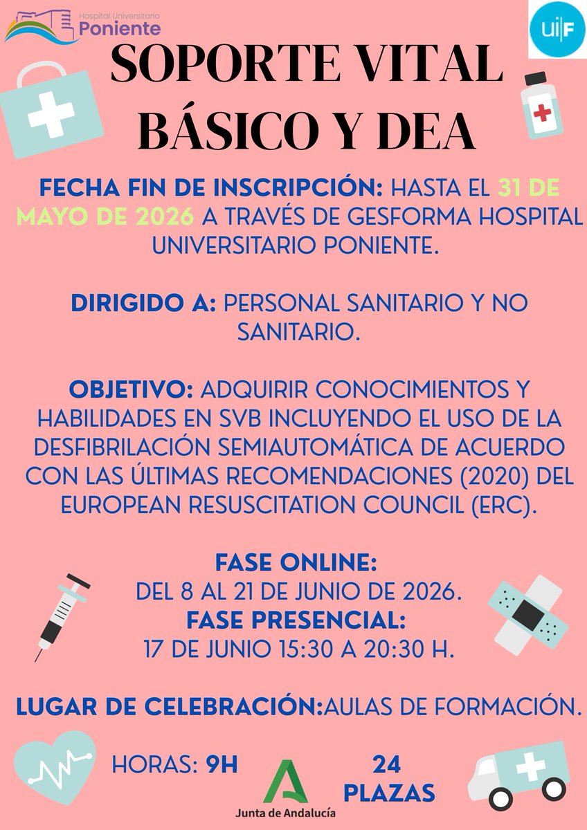 Formacion_HUPon's tweet photo. ¡¡ Recordatorio !!
Abierto plazo de inscripción de curso de "SOPORTE VITAL BÁSICO Y DEA".
+ info: a través de #gesforma del @HUniv_Poniente https://t.co/UeUwsa73Sl