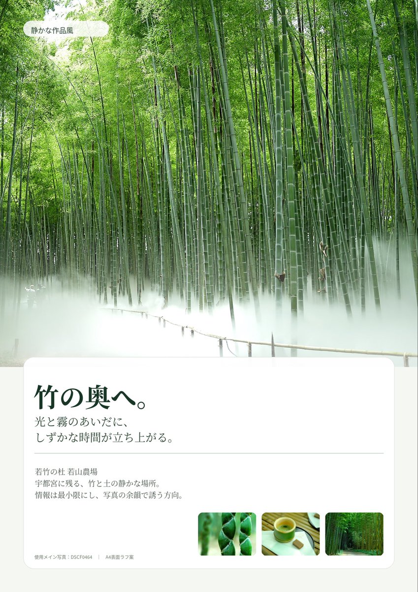 fvp_kimura's tweet photo. 先日旅行で訪れた「若竹の杜」。
そこで撮影した写真を使い広告4方向を勝手に作ってみました
これは静かな作品風 https://t.co/4pzH11SVeG