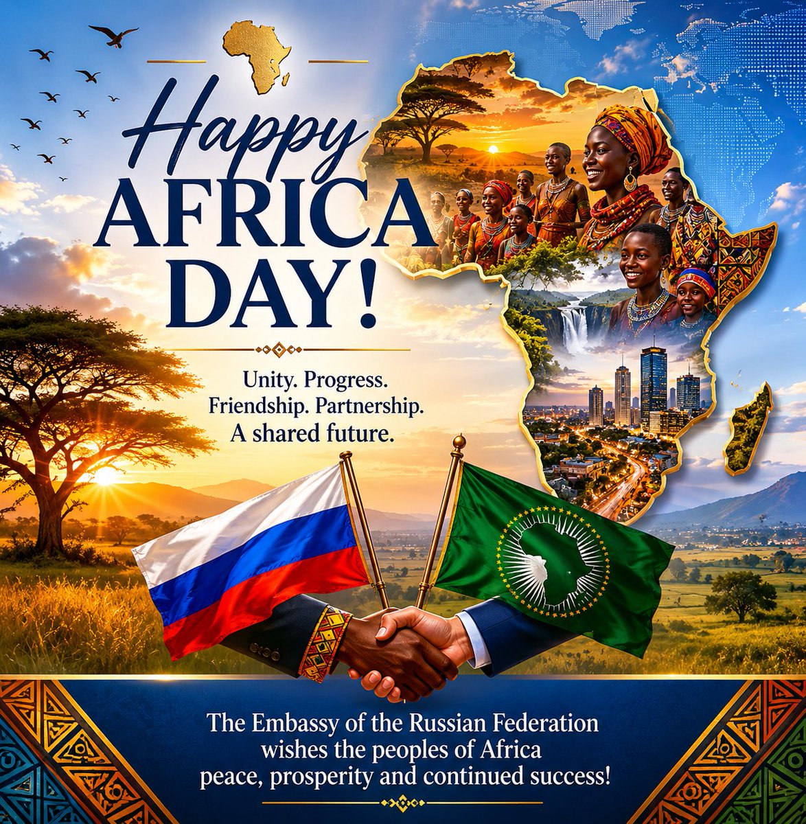 russembkenya's tweet photo. 🌍 Happy #AfricaDay!

Russia values its strong friendship and growing partnership with African nations, built on mutual respect, cooperation, and a shared vision for the future.

Wishing the peoples of #Africa peace, prosperity, and continued success! ✨ https://t.co/qRzmnElr67