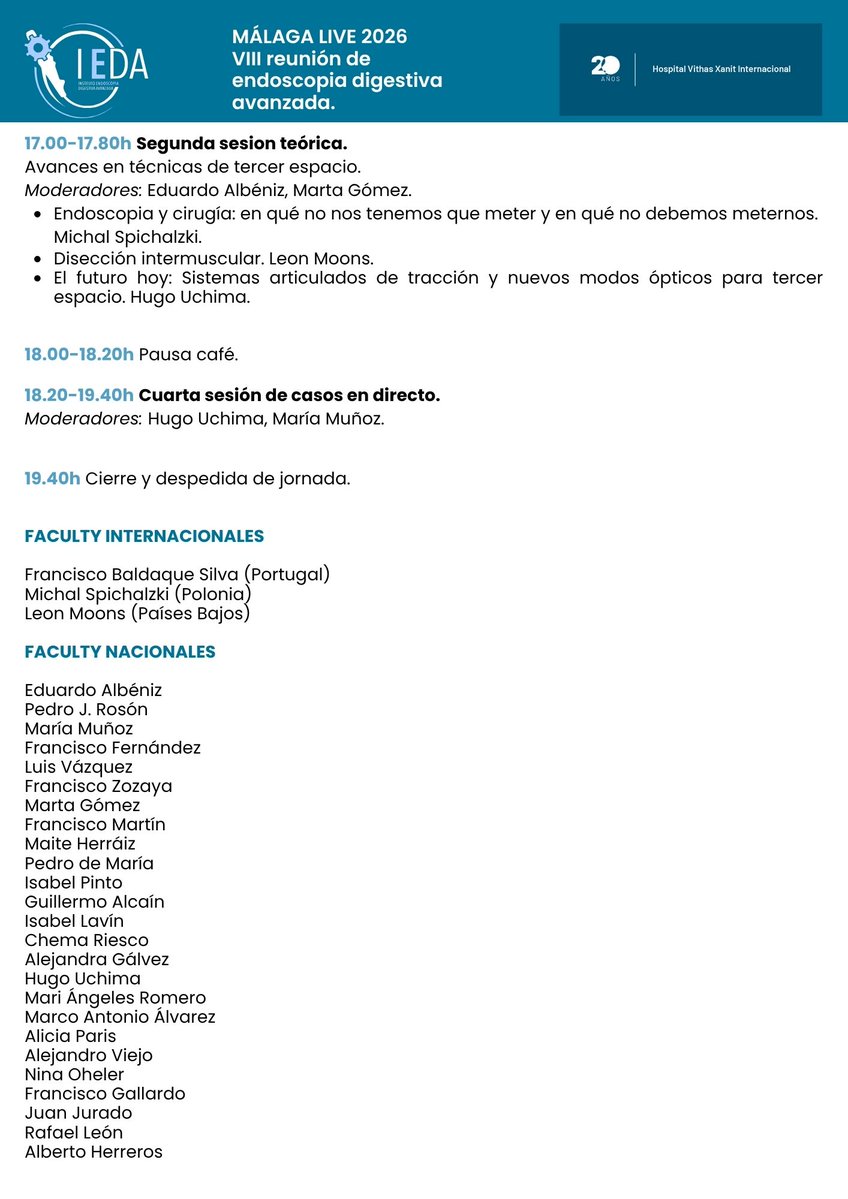Pedro_Roson's tweet photo. Este jueves comienza el Malaga live, mira que pedazo de profesores tenemos!!, si te interesa el tercer espacio y la endoscopia digestiva, este es tu curso.. Telonvas a perder?

#malagalive2026 https://t.co/SjL5NRJqqB