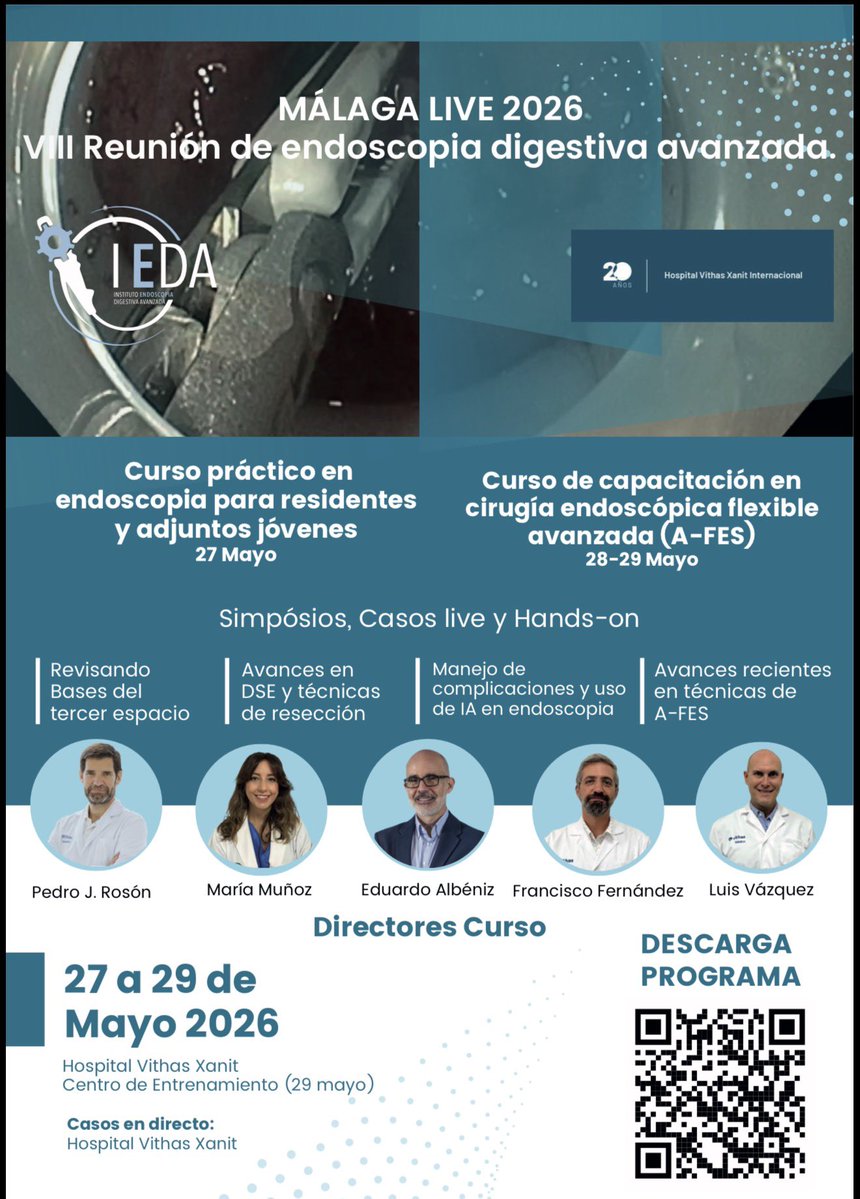 Pedro_Roson's tweet photo. Este jueves comienza el Malaga live, mira que pedazo de profesores tenemos!!, si te interesa el tercer espacio y la endoscopia digestiva, este es tu curso.. Telonvas a perder?

#malagalive2026 https://t.co/SjL5NRJqqB