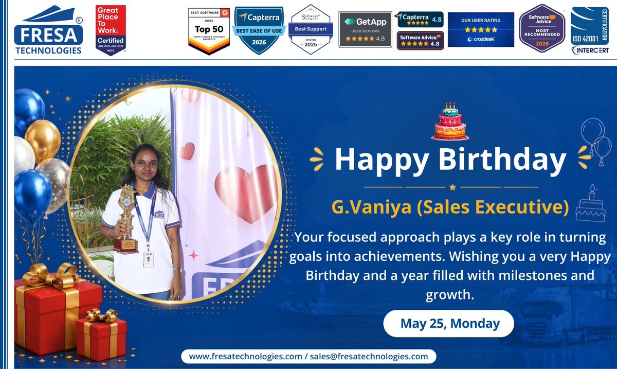 fresatechnology's tweet photo. 🎈🎉 Happy Birthday Vaniya. 

Follow our youtube channel for lastest updates: https://t.co/oXb6XDEOVZ

#TeamCelebration #WorkplaceCulture #EmployeeAppreciation #LifeAtFresa #TeamFresa #TeamSuccess #FresaTechnologies #LogisticsTechnology #FreightForwardingSoftware https://t.co/uUk0i3pSft