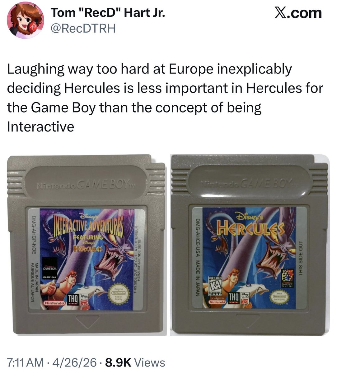 JustinButela's tweet photo. @N4pstr europe renaming “Disney’s Hercules” for the gameboy to “Disney’s Interactive Adventures Featuring Disney’s Hercules” probably deserves to be somewhere on the list https://t.co/SR1aJ8fbMm